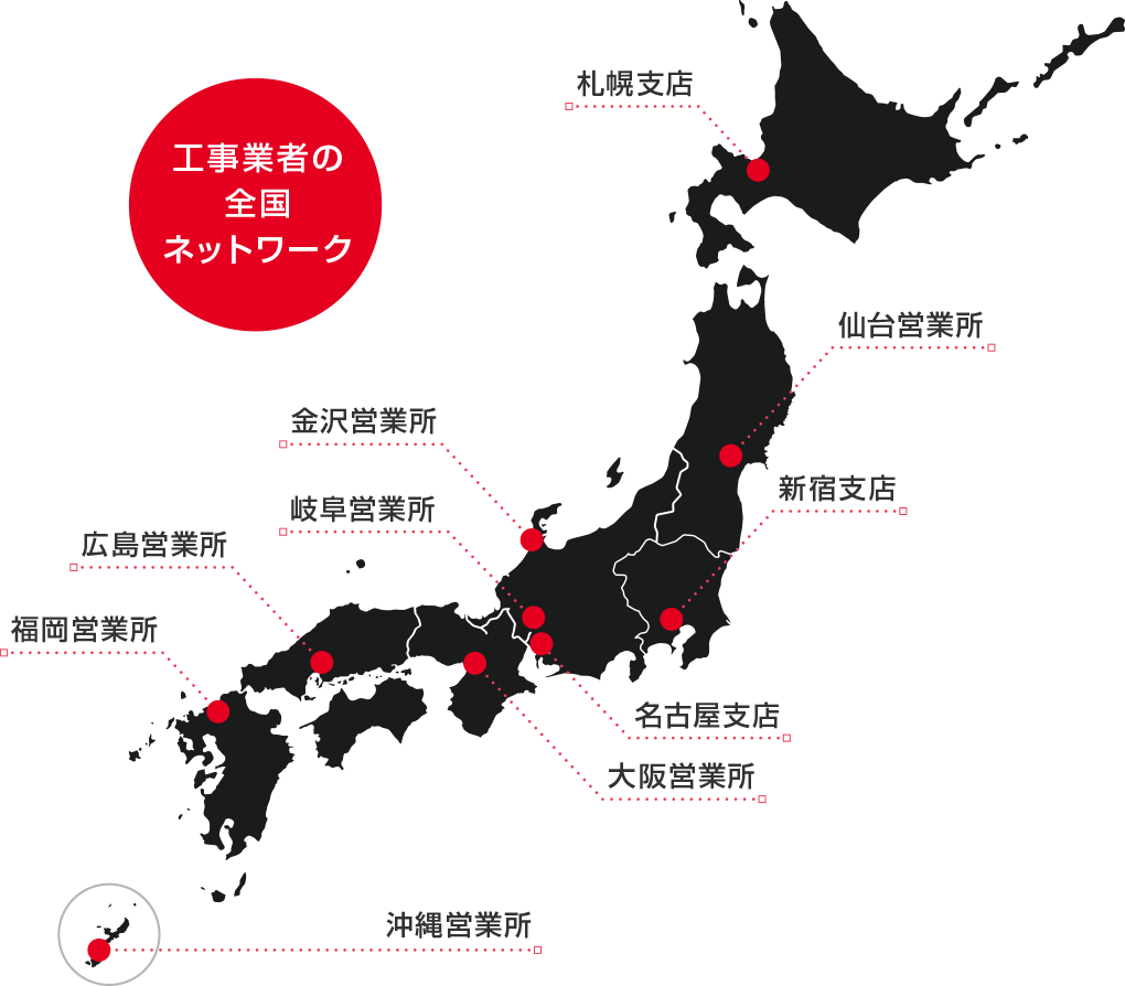 工事業者の全国ネットワークの日本地図。拠点は札幌、仙台、新宿、金沢、名古屋、岐阜、大阪、広島、福岡、沖縄にあります。