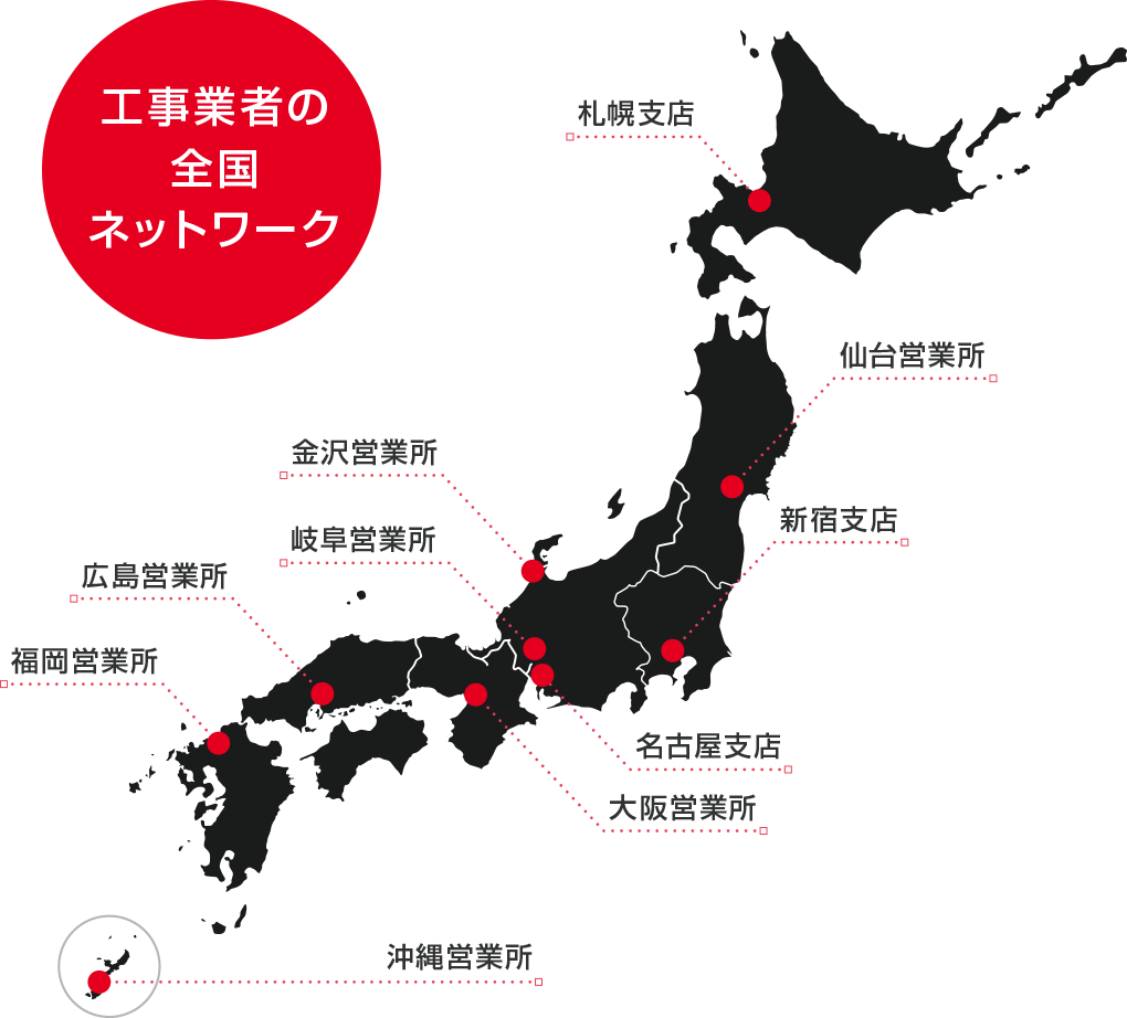 工事業者の全国ネットワークの日本地図。拠点は札幌、仙台、新宿、金沢、名古屋、岐阜、大阪、広島、福岡、沖縄にあります。